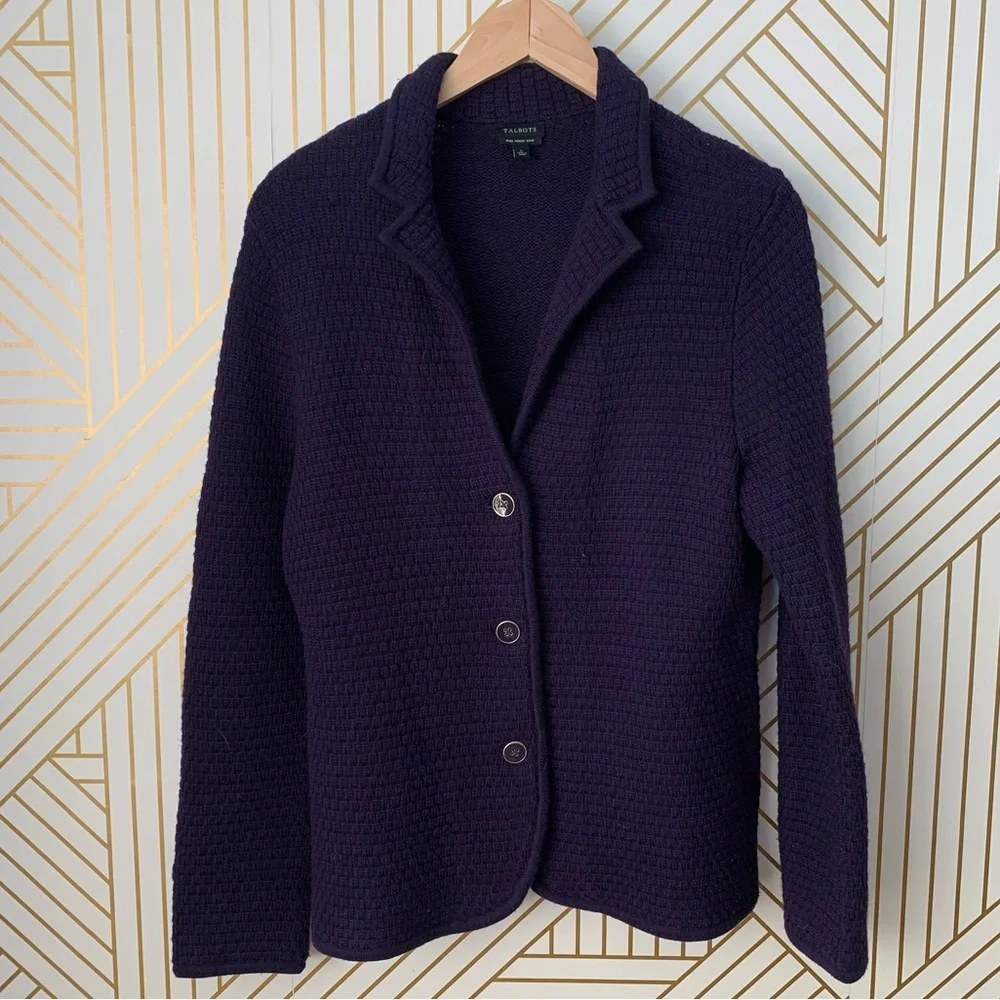 Talbots 100% Merino Wool Tight knit cardigan button front button sleeve jacket L - Picture 2 of 9